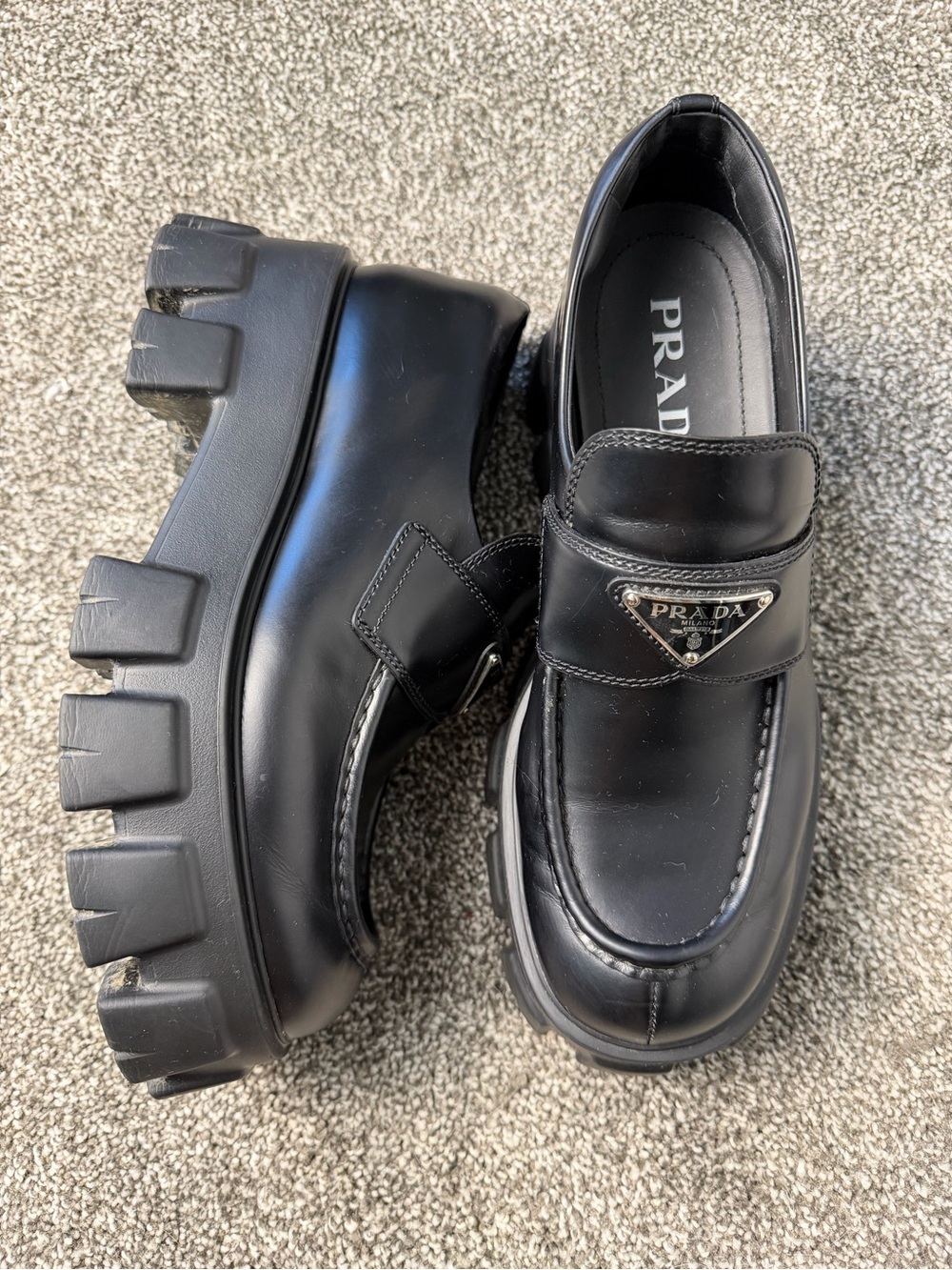 Prada Black Chunky Lug Sole Leather Loafers
